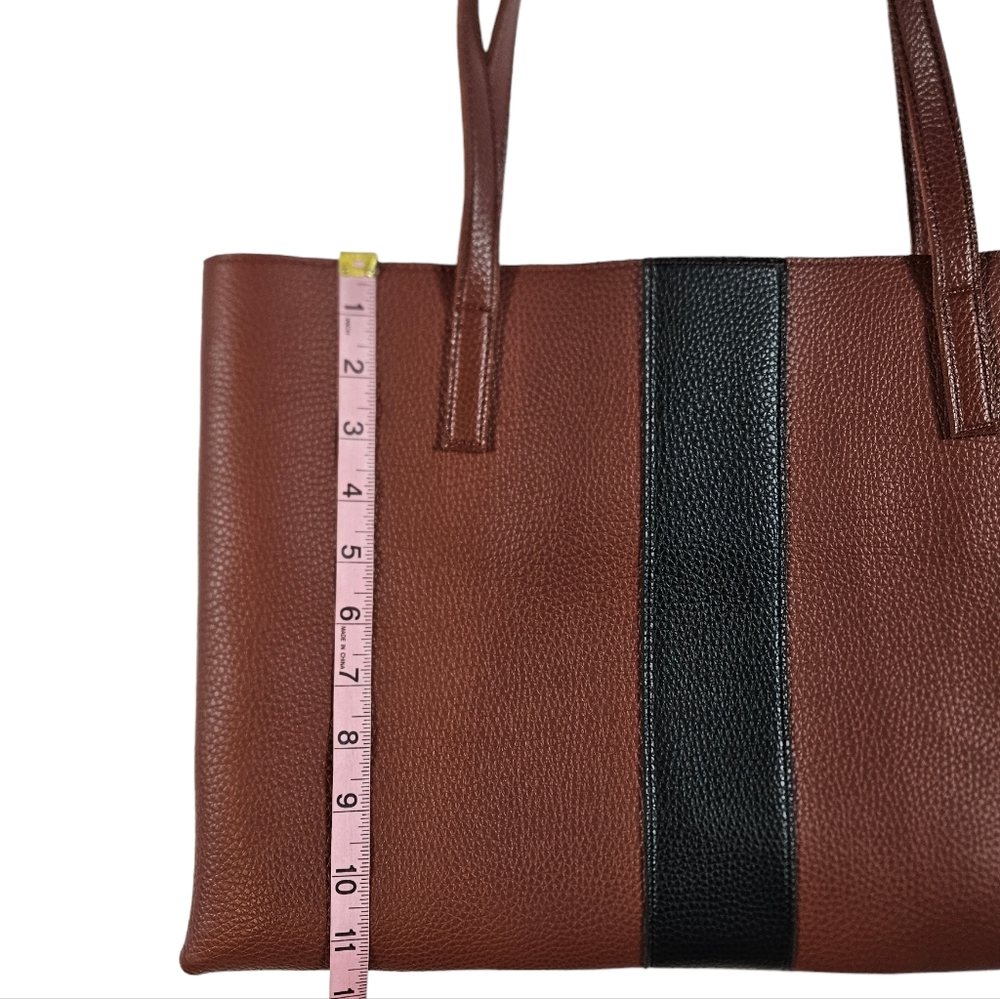 Vince Camuto Luck Brown Black Vegan Faux Leather Tote Bag Pebbled Laptop Career - Picture 12 of 13